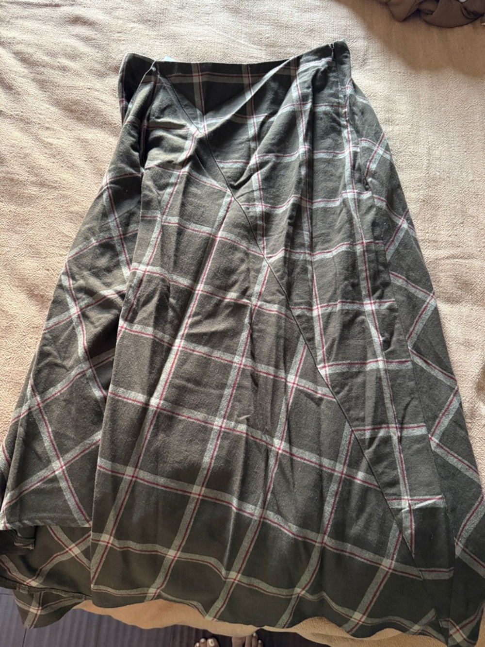 Dark Green Plaid A-Line Skirt with Subtle red Lines